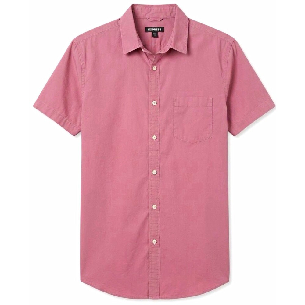 Express Mens Shirt M Pink Solid Cotton Woven Button Up Short Sleeve Pockets